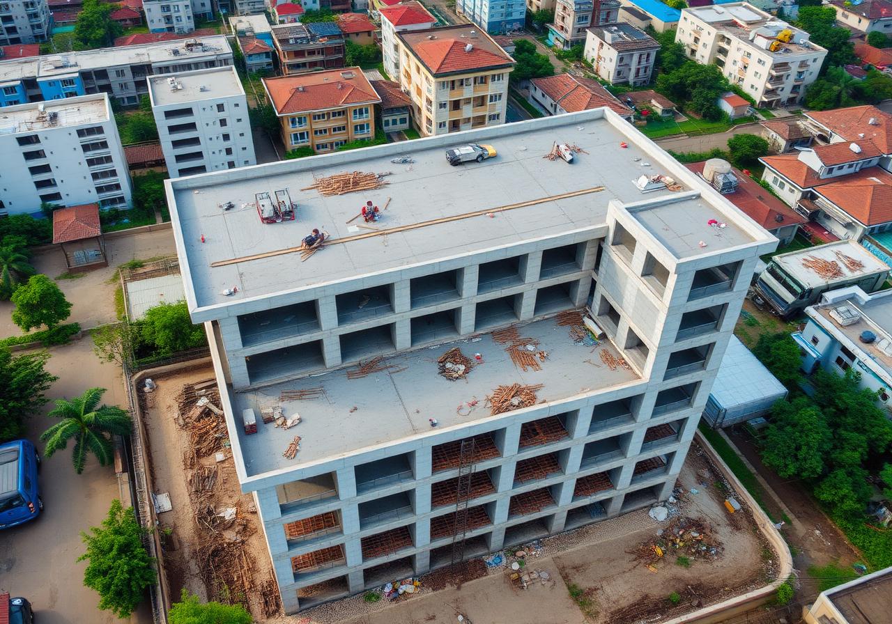 Vue aérienne d'un chantier GLOBUCOM en cours, Douala